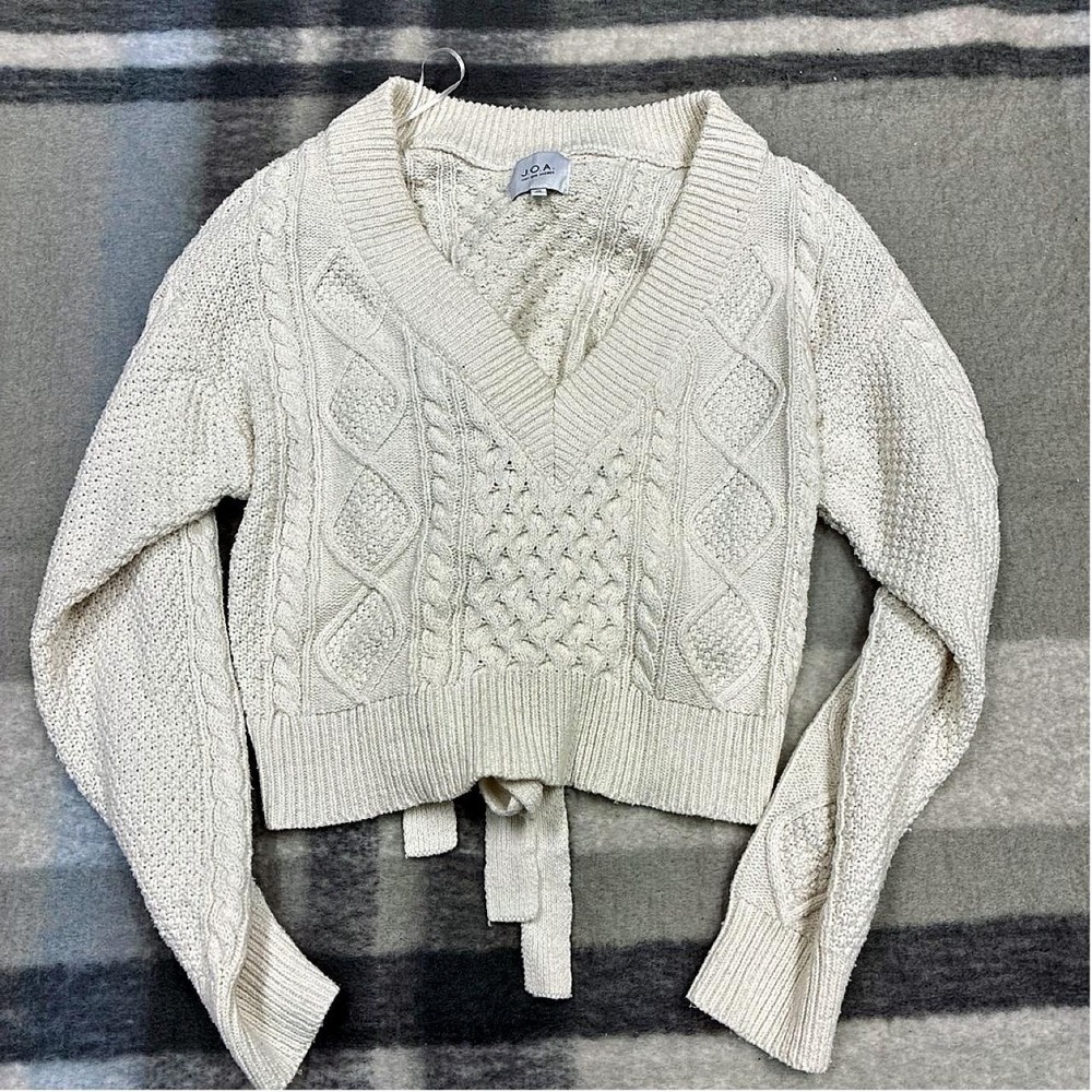 JOA Cream Cable Knit Cropped V-Neck Sweater Tie Back XS